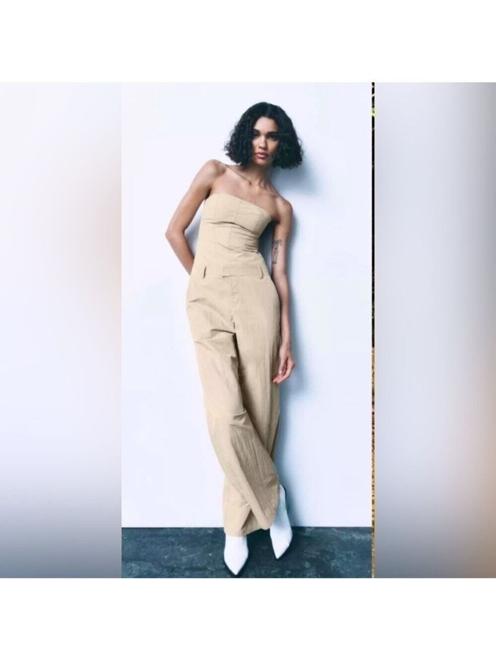 Zara Strapless Jumpsuit Off The Shoulder Wide Leg Khaki Size S Blogger Fav New